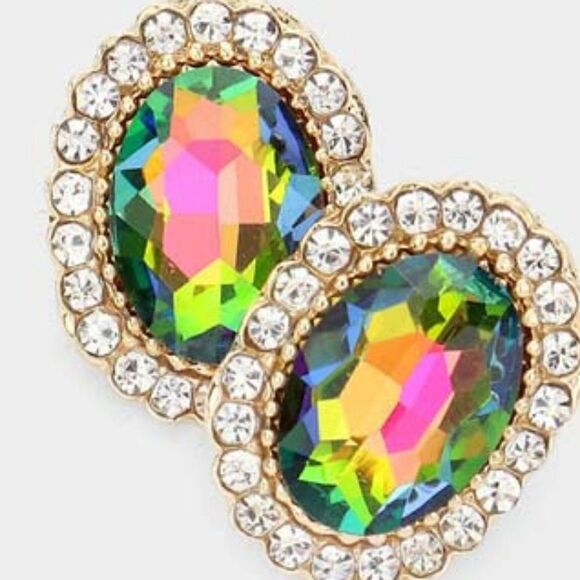 Oval Oil Spill Crystal Evening Earrings - Picture 2 of 5